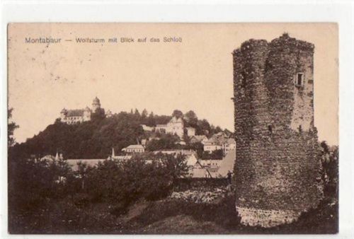 Montabaur im Westerwald mit Wolfsturm u. Schloß gelaufen von 1913 kleiner Knick und kleiner Riß oben rechts, leichte Stempelspuren, sonst gut erhalten