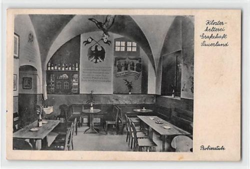 Schmallenberg Grafschaft im Sauerland. Probierstube der Klosterkelterei gelaufen kleiner Knick unten links, leicht fleckig, leichter Stempeldurchdruck, sonst gut erhalten