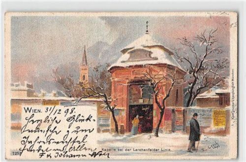Lithographie Wien. Kapelle bei der Lerchenfelder Linie gelaufen. Ecken mit Albumabdrücken, Vorder- und Rückseite leicht fleckig, sonst gut erhalten