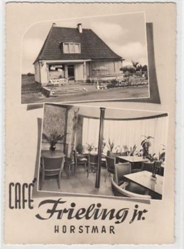 Horstmar. Café, Conditorei und Lebensmittelgeschäft von Heinrich Frieling jr., Eichendorferstraße 29 gelaufen, Marke entfernt, Nachkriegskarte kleiner Knick oben rechts und unten links, Vorder- und Rückseite leicht fleckig, sonst gut erhalten