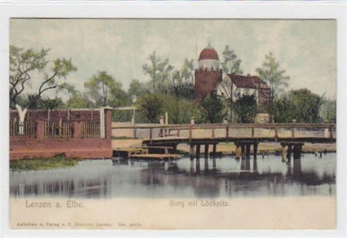 Lenzen a. Elbe. Burg mit Löcknitz gelaufen, 1907. Vorder- und Rückseite fleckig, sonst gut erhalten