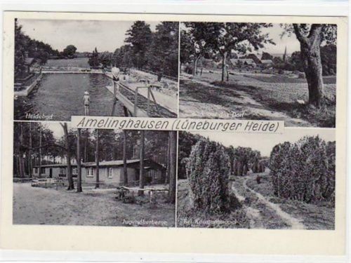 Amelinghausen, Lüneburger Heide, 4 Abbildungen m. Heidebad gelaufen, 1952. Leichter Stempeldurchdruck, kleiner Knick oben rechts, sonst gut erhalten