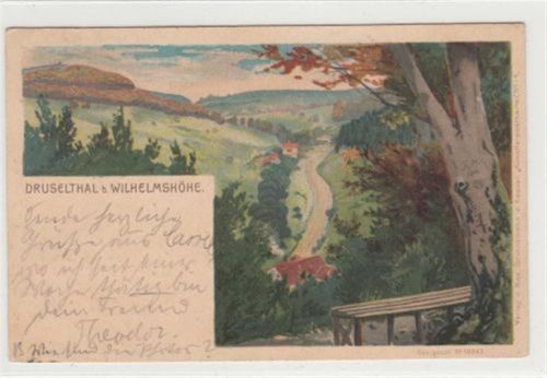 Wilhelmshöhe Kassel - Wilhelmshöhe, Lithographie. Druseltal bei der Wilhelmshöhe gelaufen, 1902. Ecken mit Albumabdrücken, sonst gut erhalten