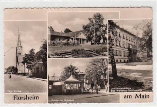 Flörsheim am Main mit Bootshaus am Main, evangelischen Kirche, Landfrauenschule Bad Weilbach bei Flörsheim und Kiosk am Bahnhof gelaufen, mit Marke und Stempel, Datum nicht lesbar. Leichter Stempeldurchdruck, sonst gut erhalten