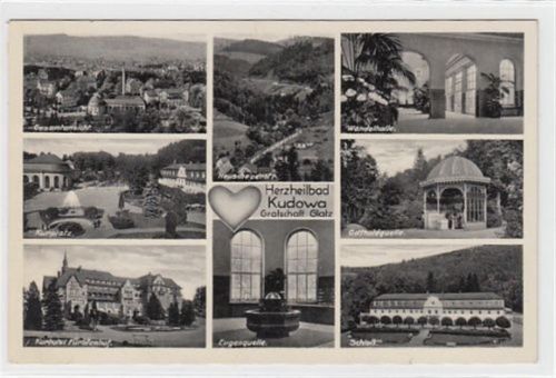 Bad Kudowa Herzheilbad Kudowa / Kudowa-Zdrój - Kreis Glatz / Klodzko. Gesamtansicht Kurplatz Kurhotel Fürstenhof Heuscheuerstraße Eugenquelle Wandelhalle Gottholdquelle Schloß gelaufen 1938. Rückseite leicht stockfleckig, sonst gut erhalten