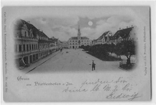 Mondscheinkarte Pfaffenhofen an der Ilm. Stadtplatz gelaufen. Leichter Stempeldurchdruck, kleines Loch linke Seite, kleiner Knick oben rechts, sonst gut erhalten