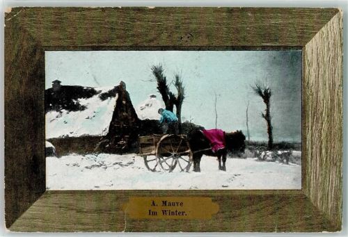 1905 Schmuckrahmen Holz Tiergespann im Winter AK