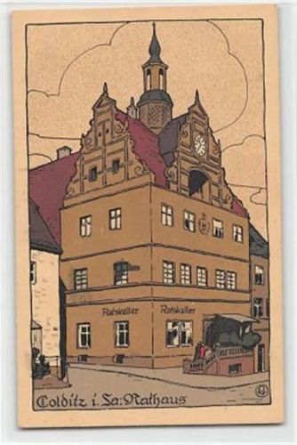 Colditz Steindruck Colditz in Sachsen. Rathaus ungelaufen kleiner Knick oben links, sonst gut erhalten