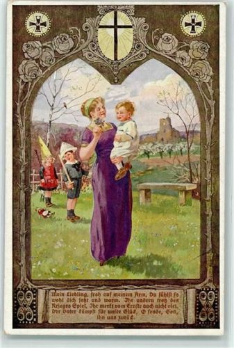 sign. Carl Münch Daheim Serie 18/206 Mutter und Kind Spielzeug Puppen Patriotik WK I