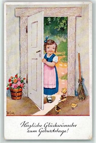 Geburtstag Mädchen öffnet die Tür - Überraschung Rosen im Trog, Geburtstag AK