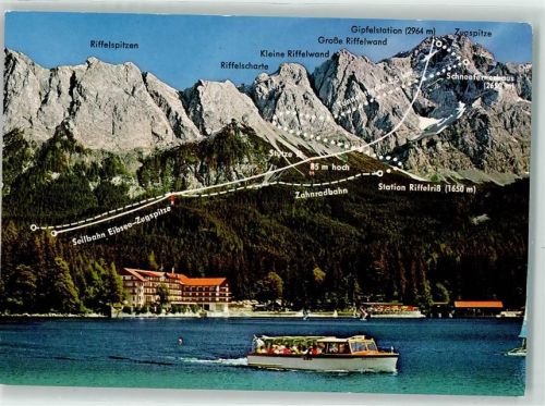 Eibsee Riffelspitze Zugspitze Ausflugsschiff Hotel Zahnradbahn Zugspitz Großkabinenbahn