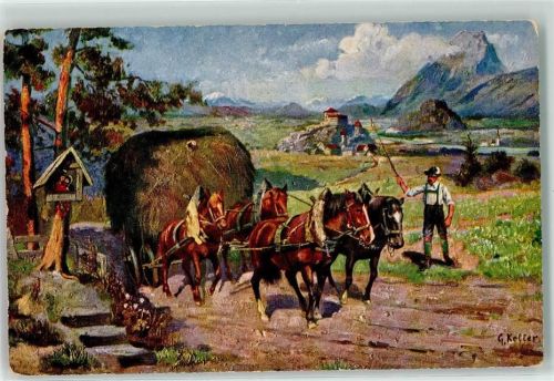 1906 Pferdegespan Heuernte Landwirtschaft sign. G. Keffer Wegekreuz