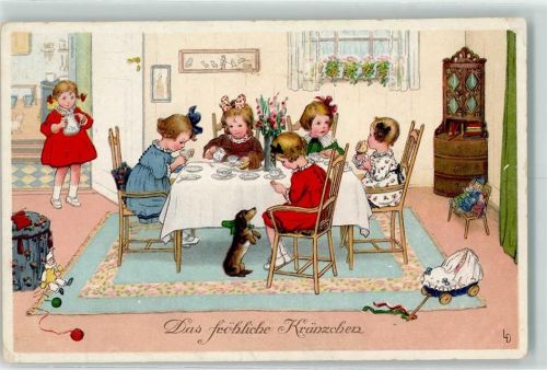 Das fröhliche Kränzchen , Kinder Kaffeetafel , Dackel , Puppen Meissner u. Buch Serie 2443