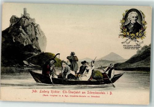 Usti nad Labem Adr. Ludwig Richter Elbüberfahrt am Schreckenstein Harfe Gedicht von Fritz von Ostini