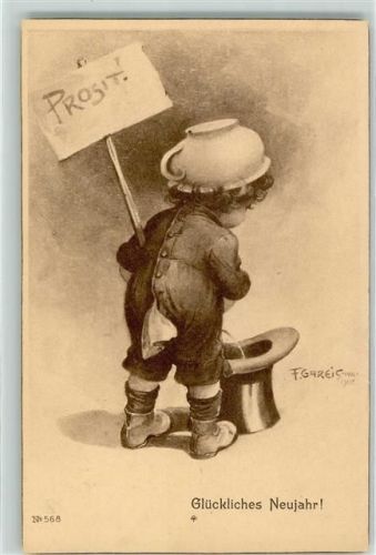 Junge Humor sign.F.Gareis Neujahr Nachttopf
