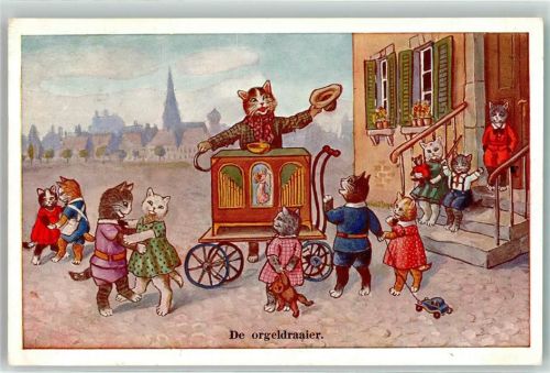 Katze vermenschlicht Tanz AK Drehorgel 1948 Künstlerkarte