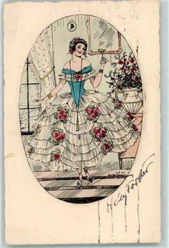 1925 sign. Helly Förster - Frau Sektglas Rosen auf dem Kleid AK