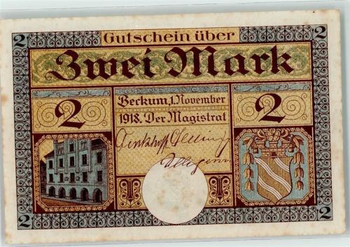 Beckum 1918 Notgeld Gutschein über 2 Mark Beckum der Magistrat Nr. 41790