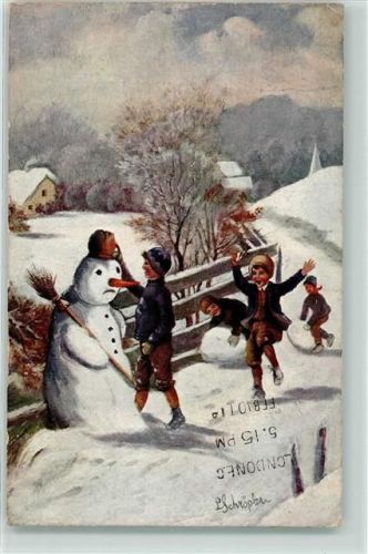 signiert Schröpler Kinder Serie 576 6 Dess. Schneemann Künstlerkarte