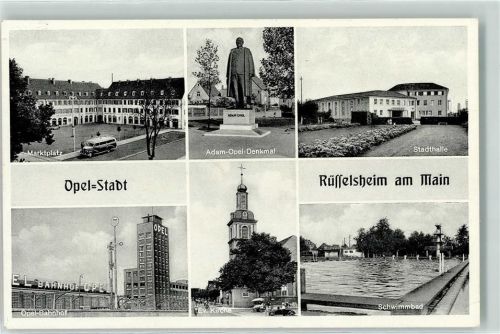 65428 W6090 Rüsselsheim - Marktplatz Omnibus Adam Opel Denkmal Stadthalle Schwimmbad Opel Bahnhof Ev. Kirche