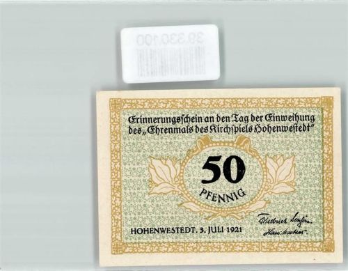 Hohenwestedt 1921 Notgeld 50 Pfennig Erinnerungsschei a.d. Tag d. Einweihung d. Ehrenmals d. Kirchenspiels Hohenweststedt