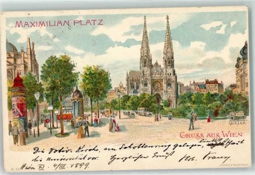 Wien 1899 Maximilianplatz Litfaßsäule Pferdestraßenbahn