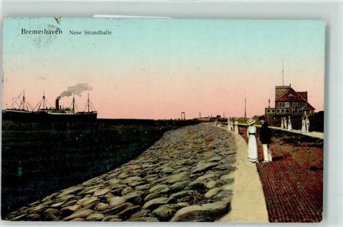 Bremerhaven 1913 Neue Strandhalle Frachtschiff Promenade