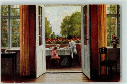 Auf der Veranda Dänische Kunst Frau Mädchen Kanne Blumen Stuhl Tisch sign. N. Holtmark
