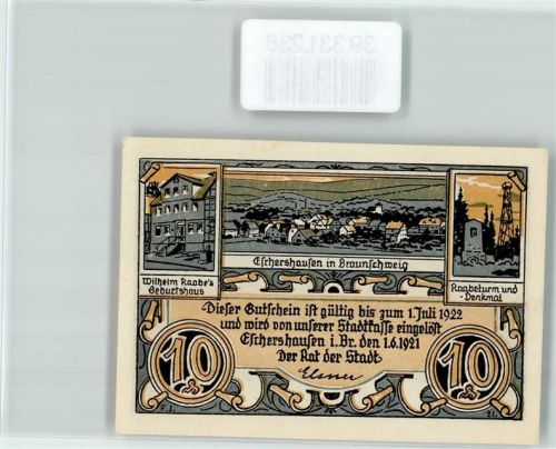 Eschershausen Notgeld 10 Pfennig Wilhelm Raabe Geburtshaus Raabeturm Denkmal Deutscher Adel Geier Tiger Frei durchgehen