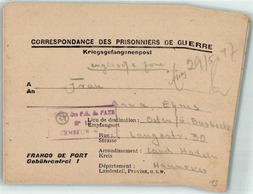Dunkerque Kriegsgefangenenpost Ehms