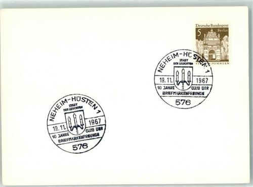 Neheim-Hüsten Sonderstempel 10 Jahre Club der Briefmarkenfreunde 1967
