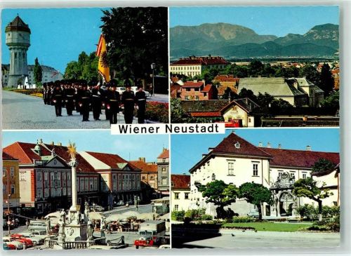 Wiener Neustadt Mariensäule Rathaus Propstei mit Barocktor Wasserturm m. Priv. Uniform Bürgerkorps LKW Auto Marktszene