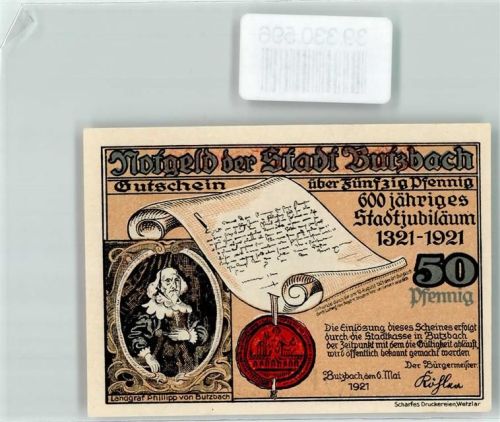 Butzbach 1921 Notgeld der Stadt Butzbach Gutschein über 50 Pfennig 600 jähriges Stadtjubiläum Markuskirche Museum Nr. F 5124