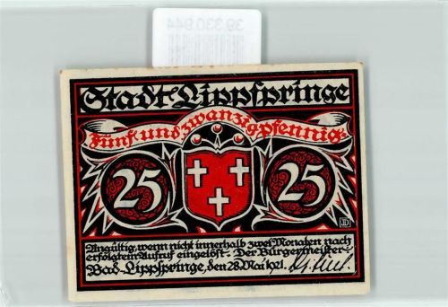 Bad Lippspringe Notgeld 25 Pfennig Wappen Rot Weiss Kreuz Bauer Pferdewagen Landwirtschaft
