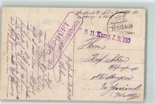 1918 Geprüft Stempel Postüberwachungshilfsstelle S. B. 11. Komp. J. R. 180
