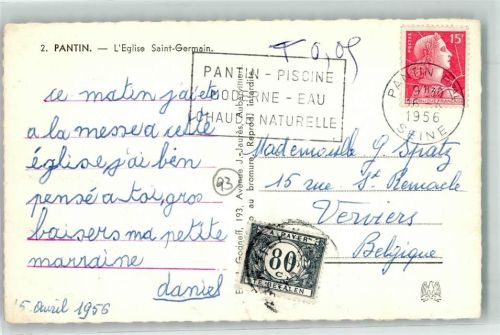 Pantin Werbestempel Nachgebühr Destination Pantin Frankreich nach Verviers Belgien
