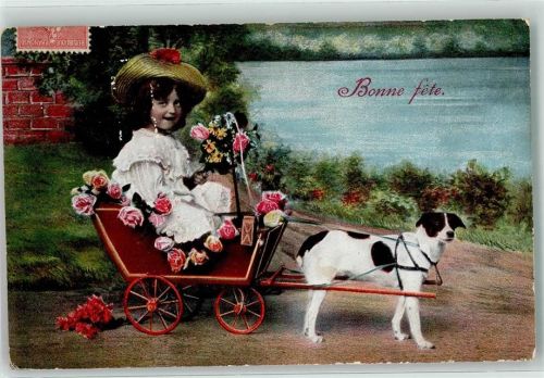 Bonne fete Hund zieht einen Bollerwagen AK Hundekarren 1907