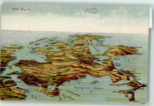 Rügen 1912 Vogelschau der Insel Rügen Tagesstempel Jagdschloss Granitz