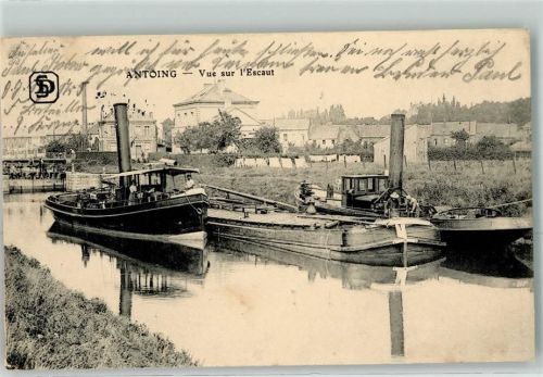 Antoingt 1917 Vue sur l`Escaut Binnenschiff Schleppdampfer