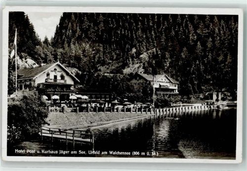 Urfeld Hotel Post Kurhaus Jäger am See 806 m Bahnpost Fahne Sonnenschirm
