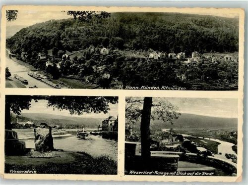 Hann. Münden Weserstein Weserlied Anlage mit Blick auf die Stadt Raddampfer