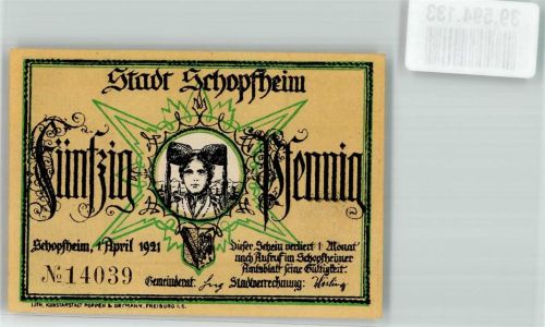 Schopfheim 1921 Schwarzwaldtracht 50 Pfennig Wappen Häfnet-Jungfrau sign. J.P. Hebel