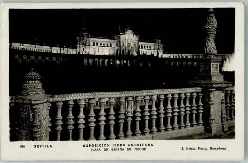 Sevilla 1930 Ausstellung Iberio Americana Plaza de Espana de Noche Foto AK Nacht