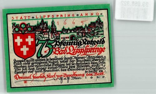 Bad Lippspringe 1921 75 Pfennig Die Sachsentaufe Karls d. Gr. a.d. Quelle d. Lippe Anno 776