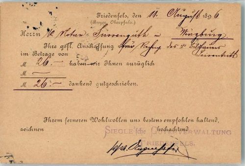 Friedenfels 1896 Siegle`sche Güterverwaltung
