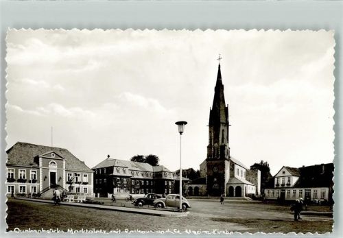 Quakenbrück Marktplatz mit Rathaus u. St. Marien Kirche VW Käfer Ort handschriftlich