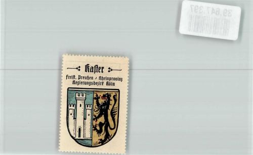Kaster Vignette Wappen silberne dreitürmige Burg rot bezungter steigender schwarzer Löwe