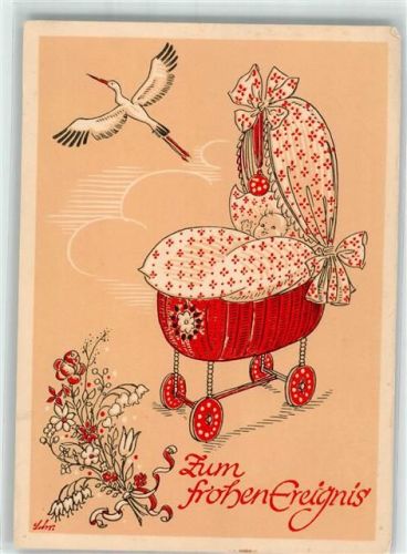 1944 Glückwunsch zum frohen Ereignis Wiege Storch