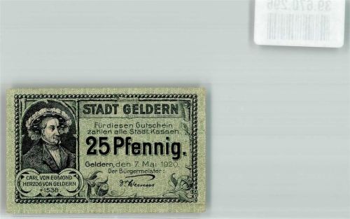 47608 W4170 Geldern Notgeldschein 25 Pfennig Gutschein Notgeld Carl von Egmond Herzog Wappen Löwe Blumen Türme