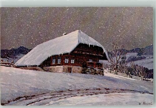 Ein einsamer Schwarzwaldhof im dichten Schneefall im Winter Verlag Geschwister Moos Serie IV No. 4